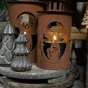Metalen lantaarn met hert – roestkleur – 2 maten